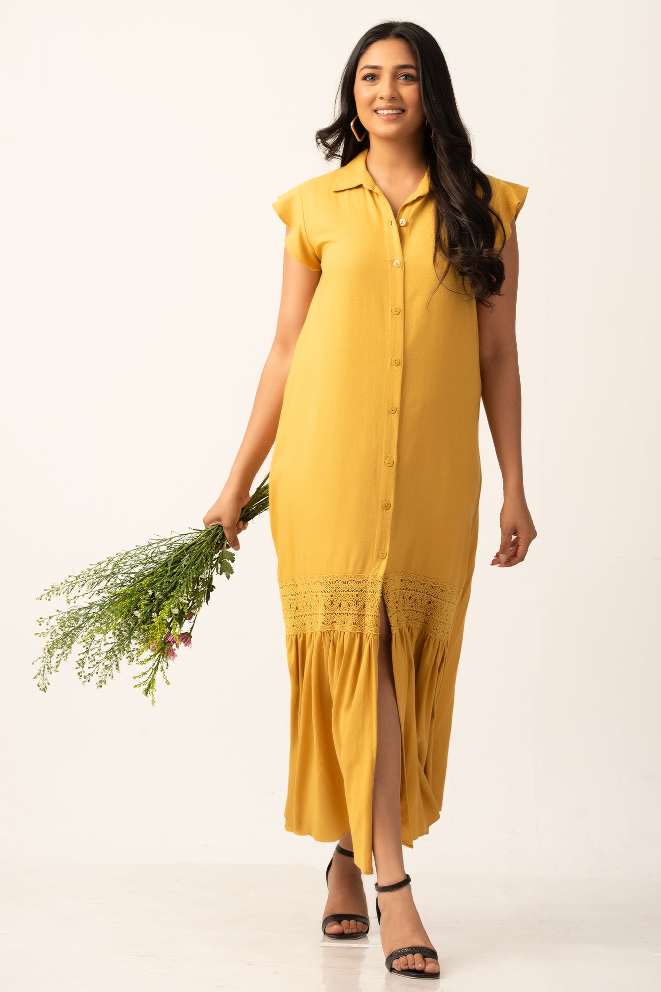FRILL CAP SLEEVE DETAILED MAXI DRESS