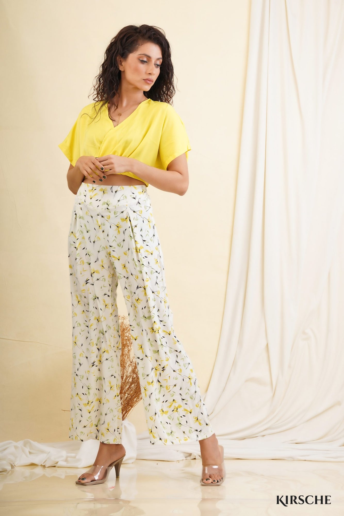 Floral Pant + V Neck Crop Top