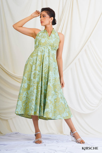 D052 l Printed Halter Neck Midi Dress