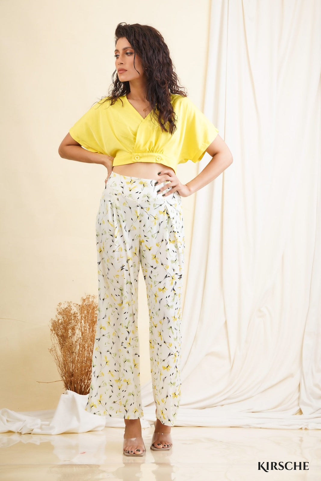 FLORAL PANT + V NECK CROP TOP