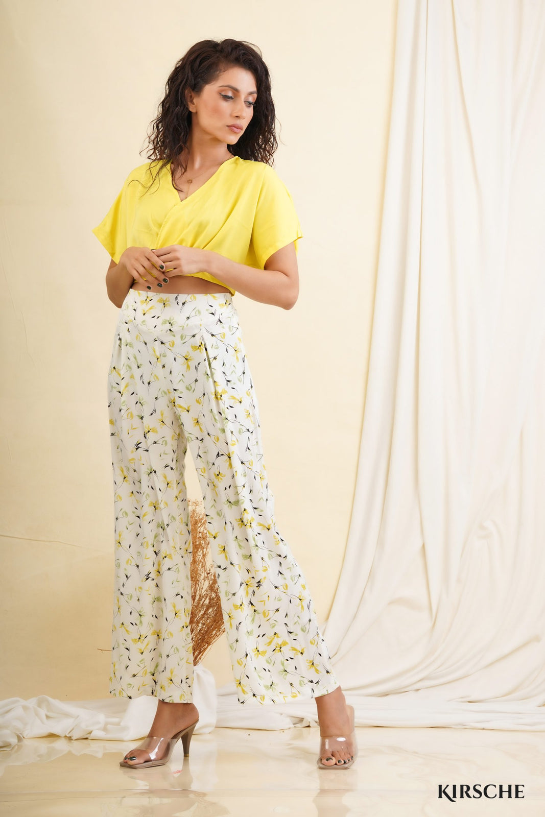 Floral Pant + V Neck Crop Top