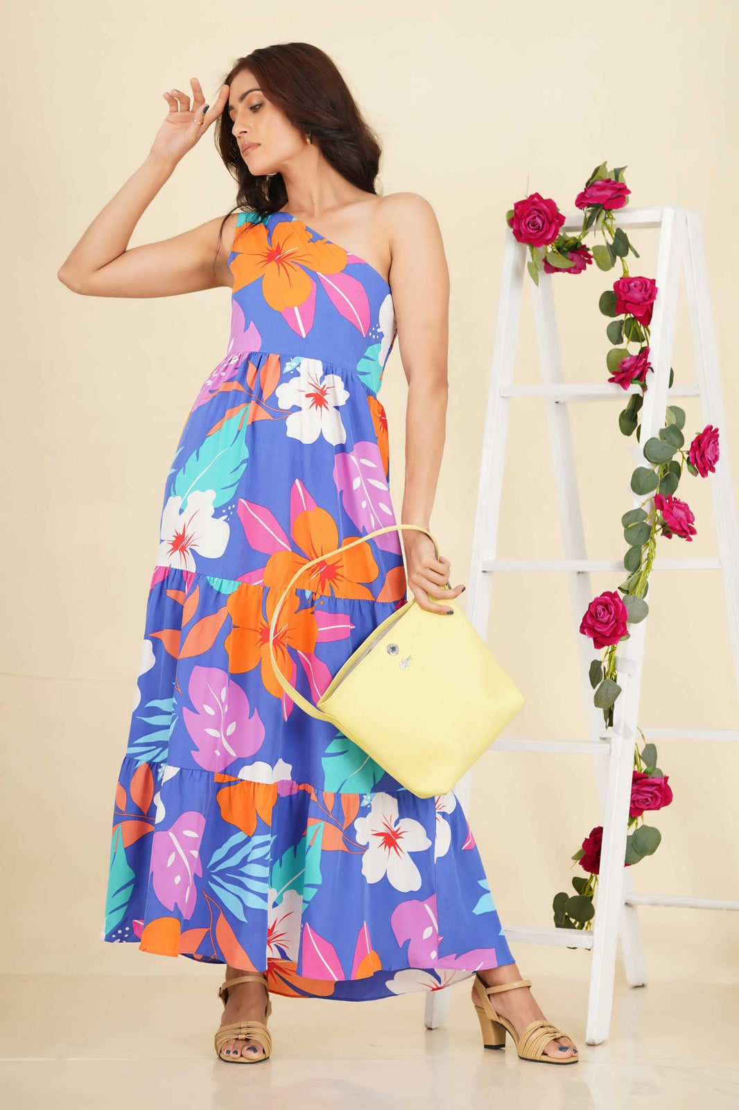 PRINTED ONE SHOULDER MAXI DRESS