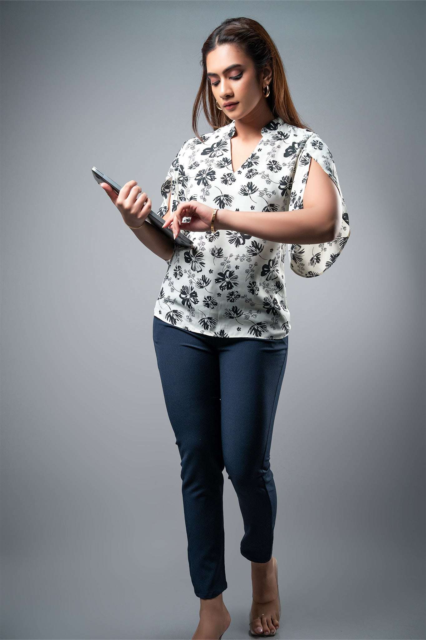 T058 | Chinese Collar Printed Top