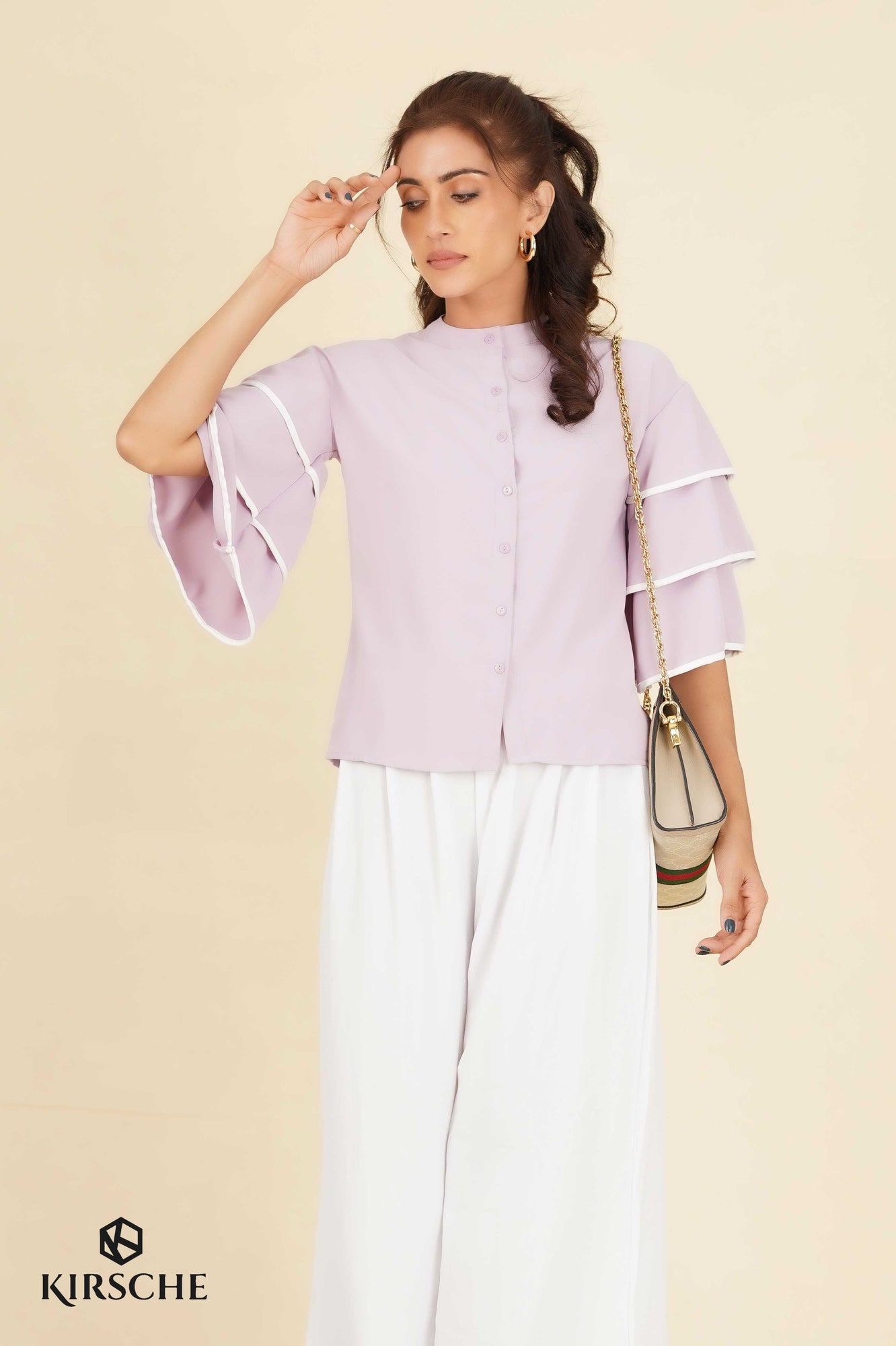 S112 l Layerd Sleeve Chinese Collar Shirt