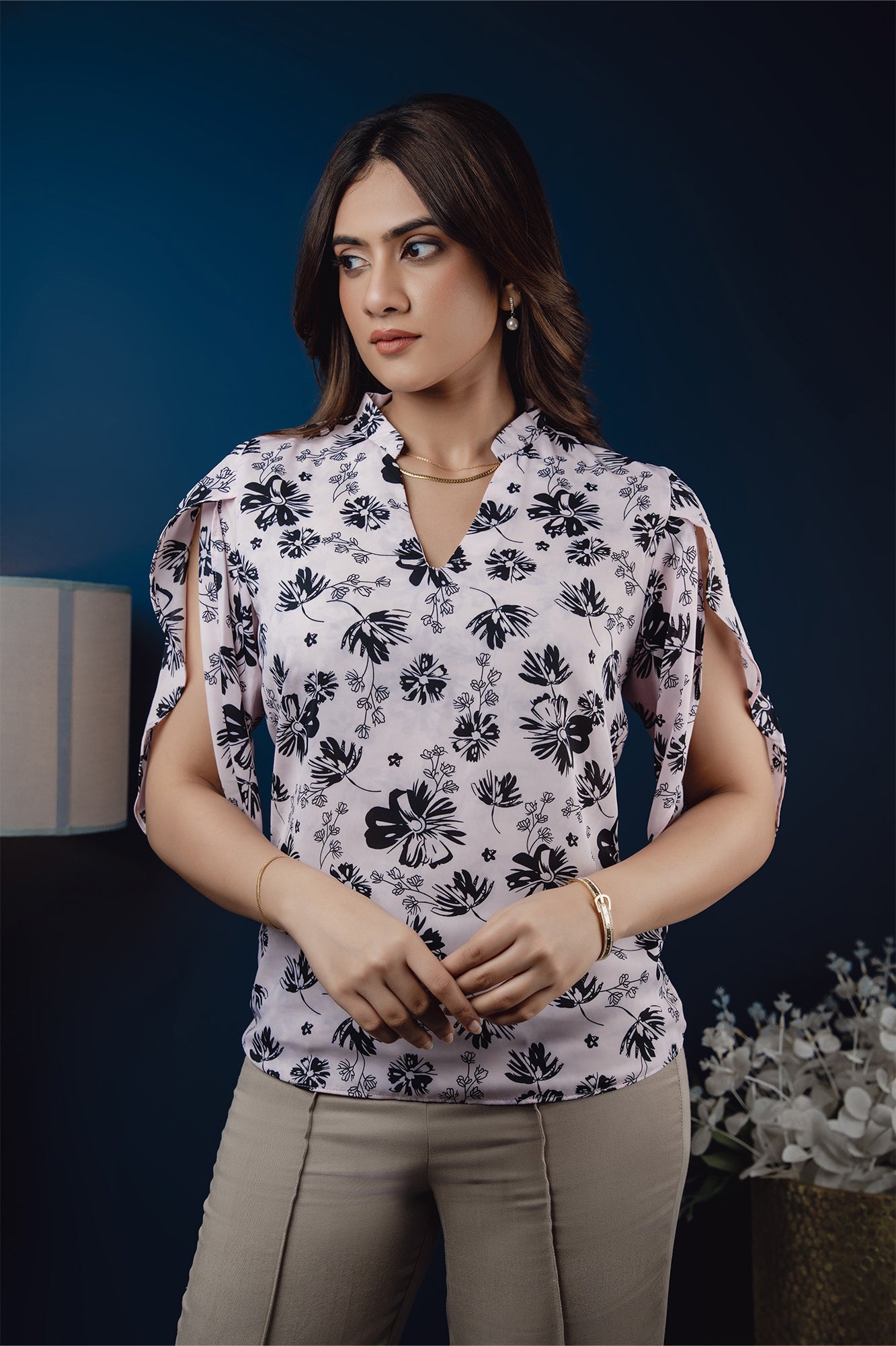 T058 l Chinese Collar Printed Top