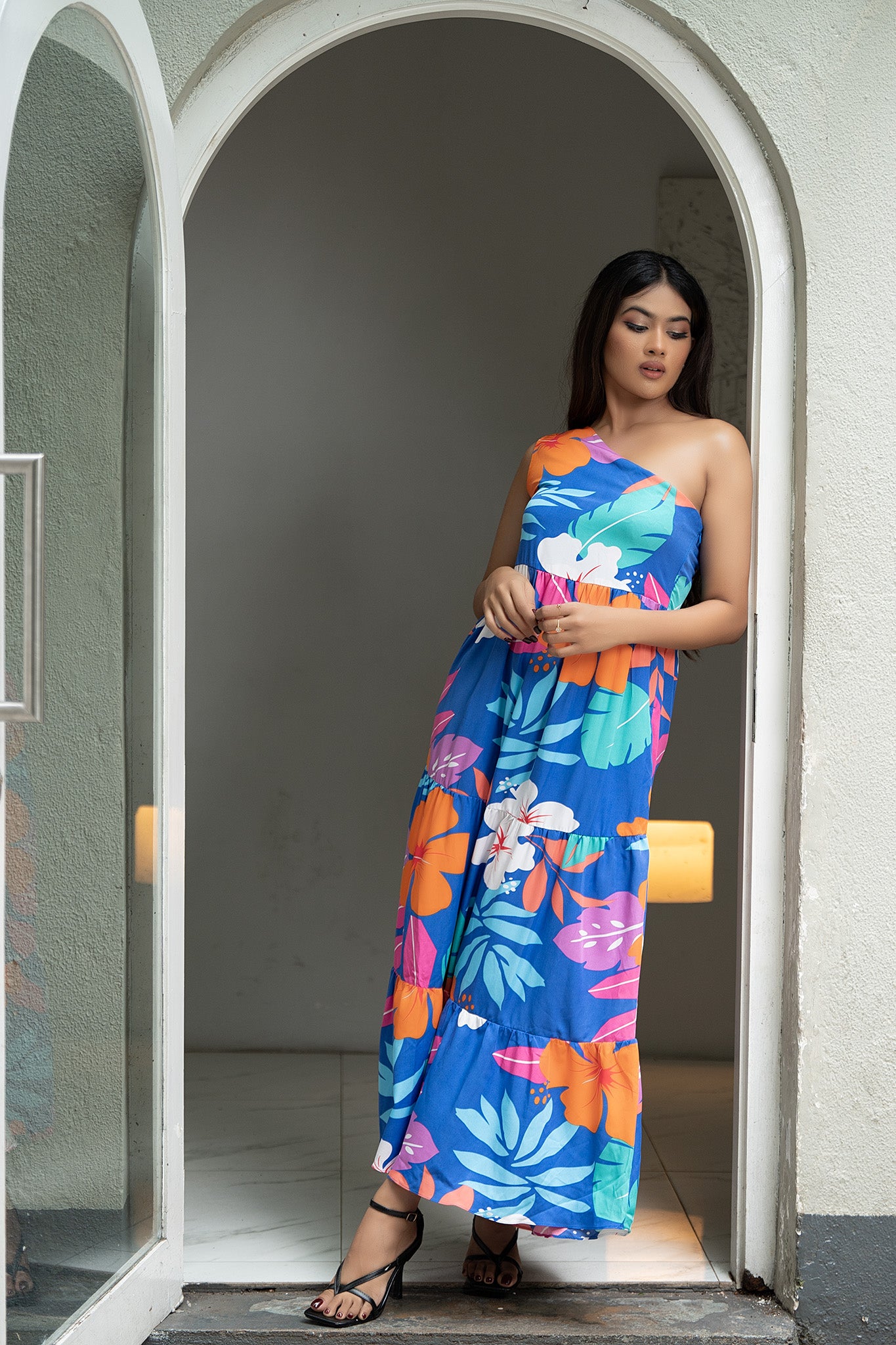 D117 | Printed One Shoulder Maxi Dress